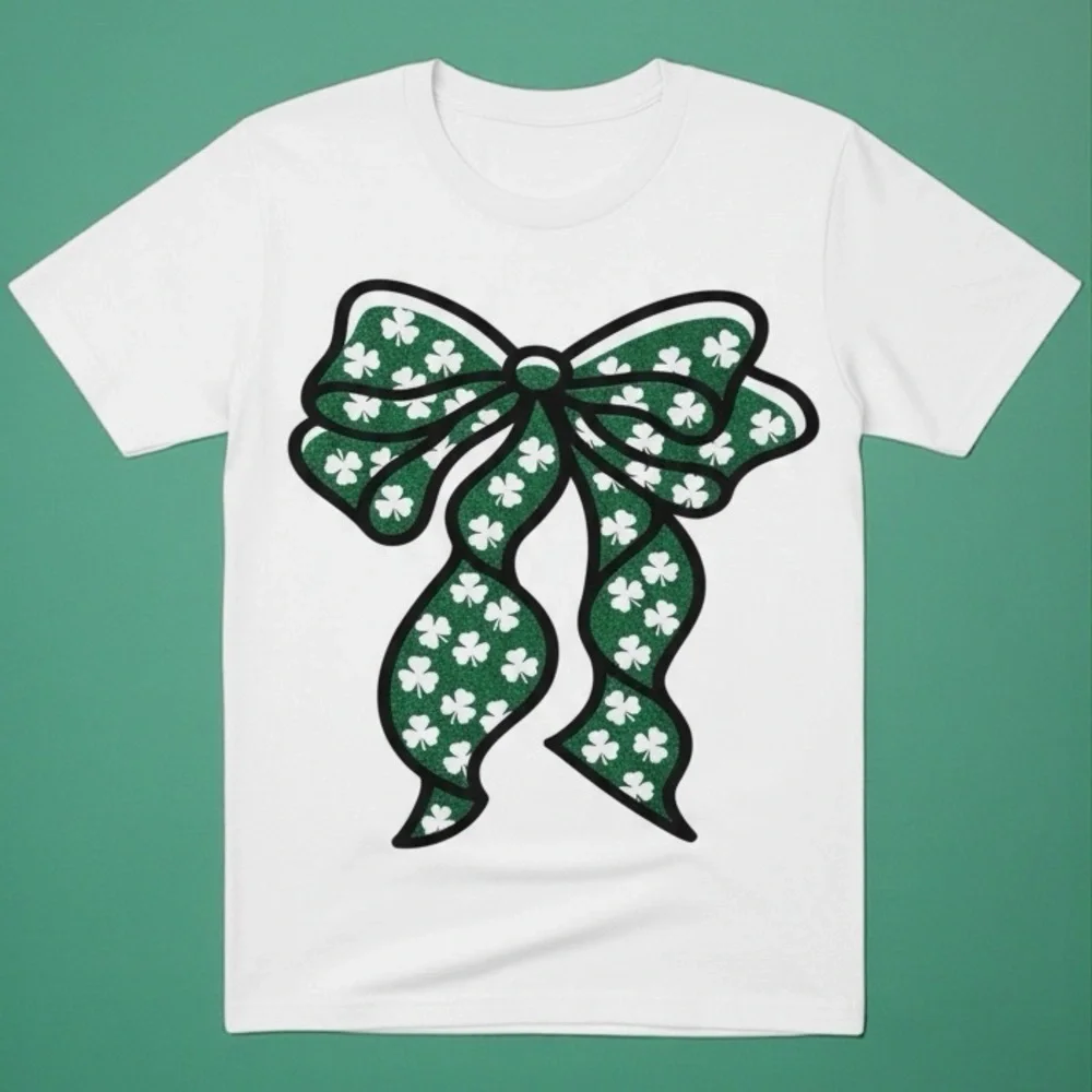 Bella Canvas🍀 St. Patrick’s Day White Tee 🍀Green Glitter Shamrock Bow🍀Size XL